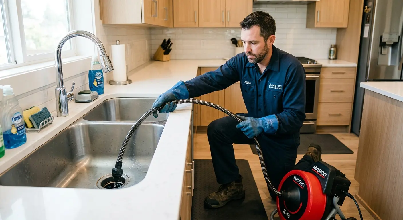 Drain cleaning technician using a motorized snake on a kitchen sink in Thurmont