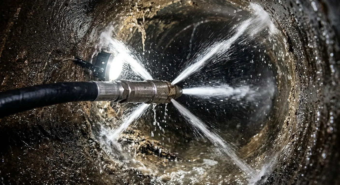High-pressure hydro jetting nozzle cleaning sewer pipe for Sewer Cleanout in Thurmont