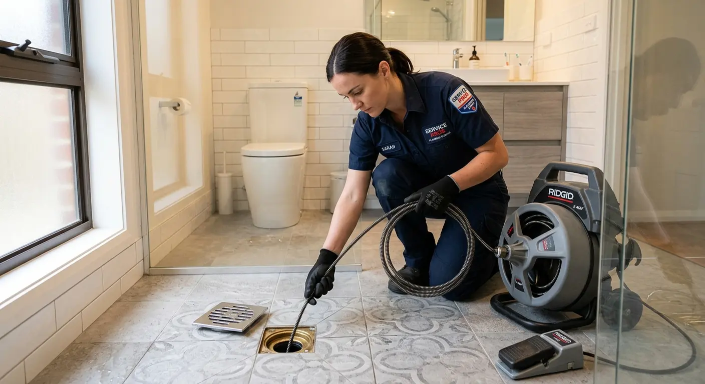 Technician clearing a bathroom floor drain for Sewer Line Installation in Thurmont